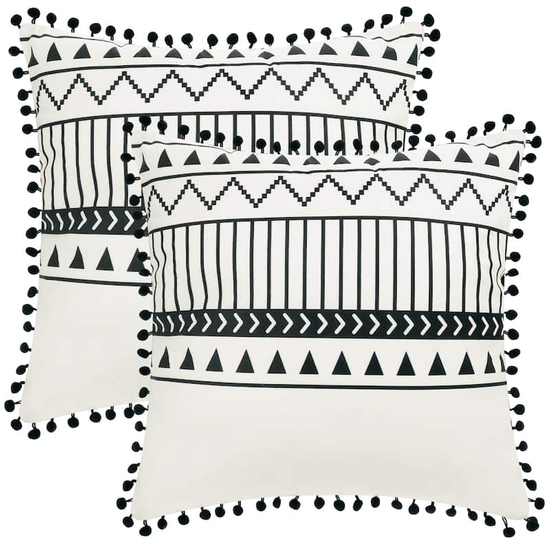 2Pcs Pompoms Throw Pillow Covers w Geometric Line Pattern Pillow Cases