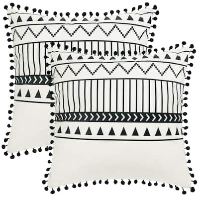 2Pcs Pompoms Throw Pillow Covers w Geometric Line Pattern Pillow Cases