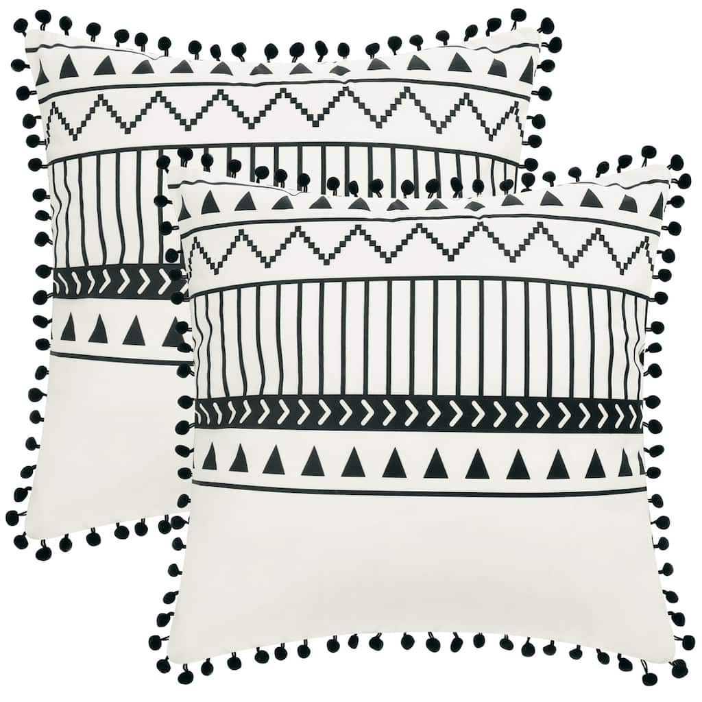 2Pcs Pompoms Throw Pillow Covers w Geometric Line Pattern Pillow Cases