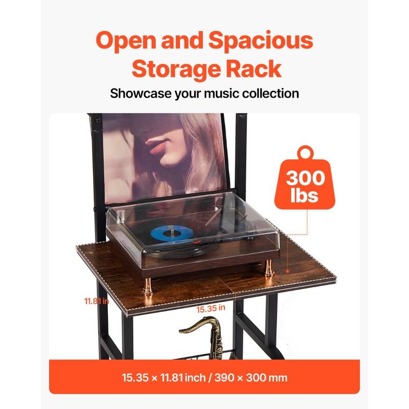 Black 5 Tiers Metal Record Player Stand with LED Light and USB Ports and Oxford Fabric Bags - 17.72" x 19.29" x 56.3"