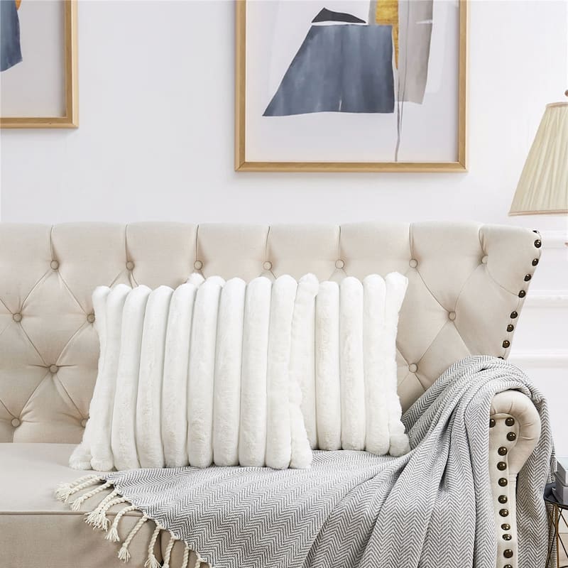 Fuzzy Striped FauxFur Pillow Shell Soft Cushion Covers for Sofa