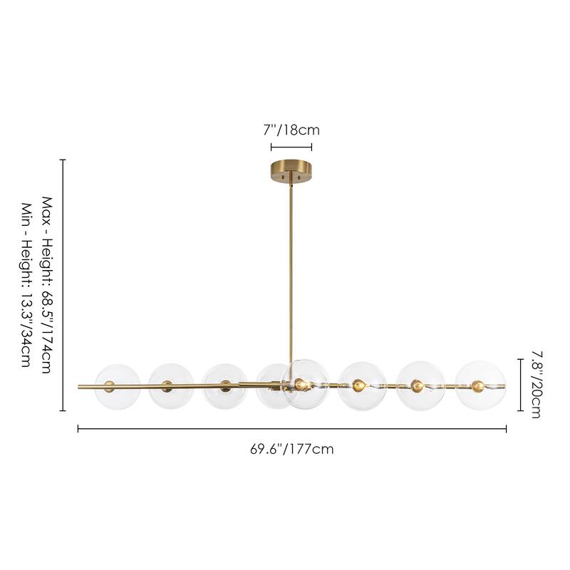 8-Light 69.6" Modern Gold Linear Clear Glass Globe Bubble Large Chandelier - 69.69 in. W x 23.62 in. D x 7.87 in. H