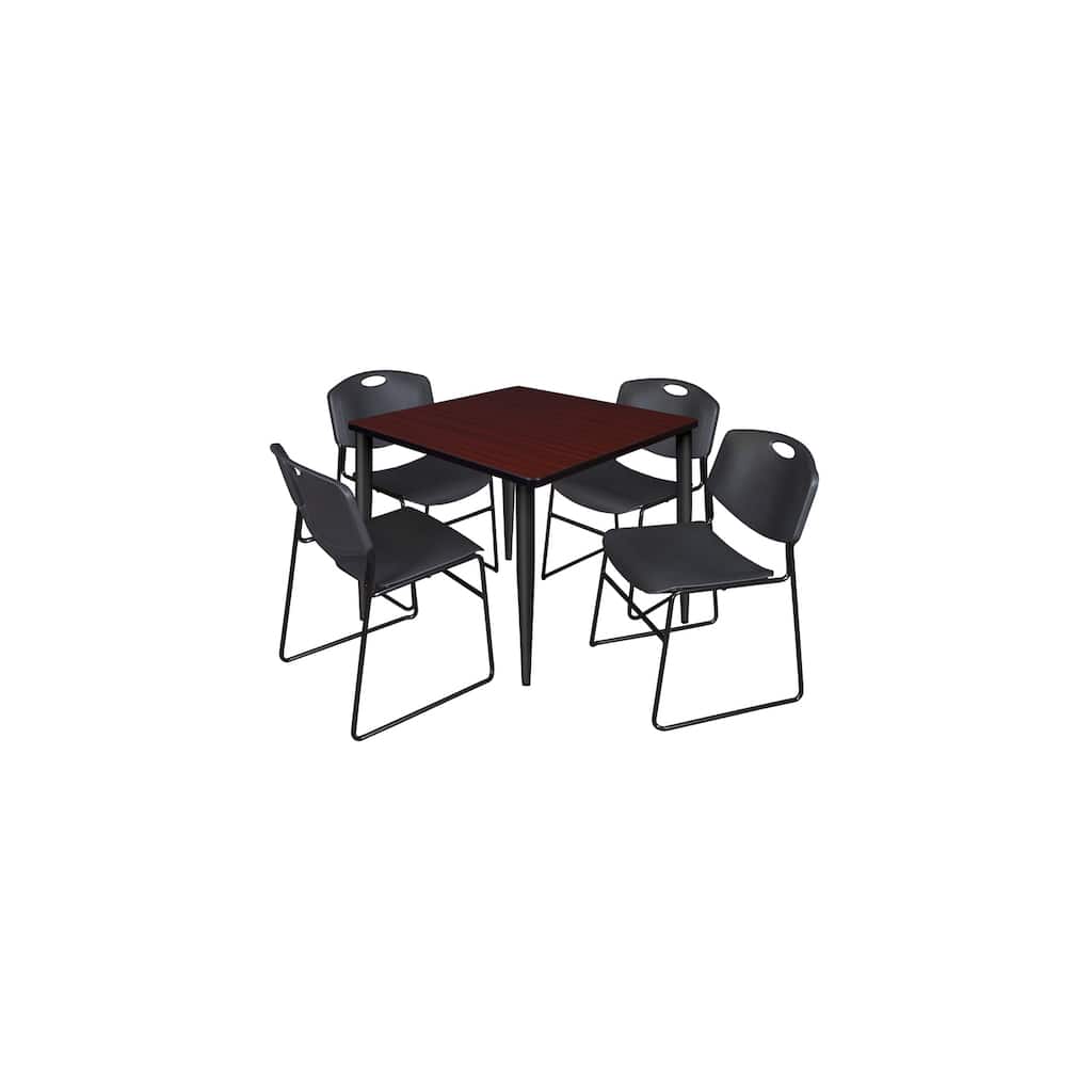 36 in. Square Breakroom Table- Mahogany Top, Black Base & 4 Stack Chairs- Black - Black, Mahogany