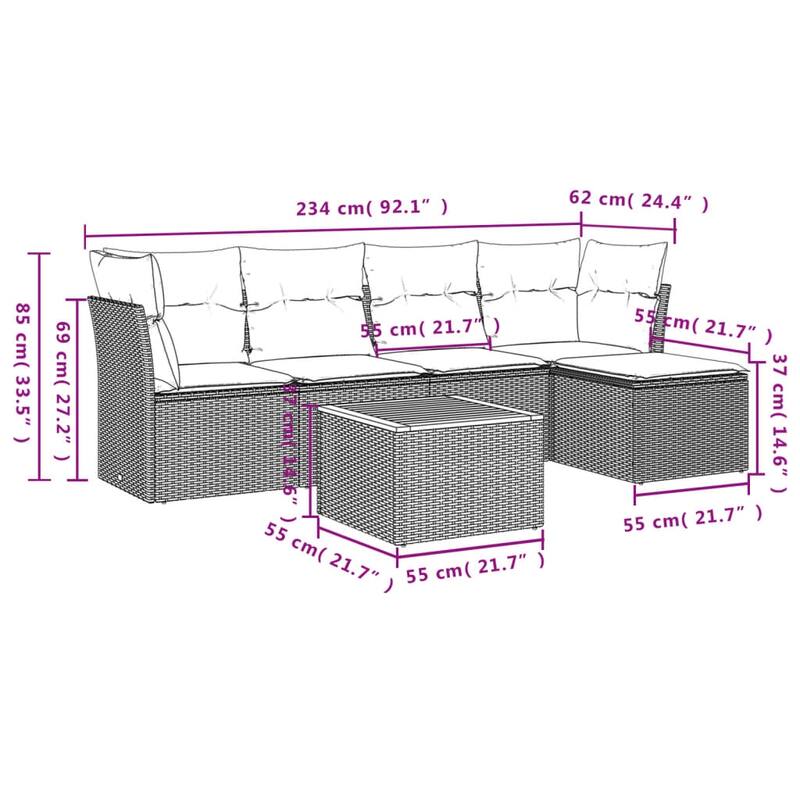 vidaXL Patio Sofa Set with Cushions Outdoor Furniture 6 Piece Poly Rattan - 21.7 x 21.7 x 14.6
