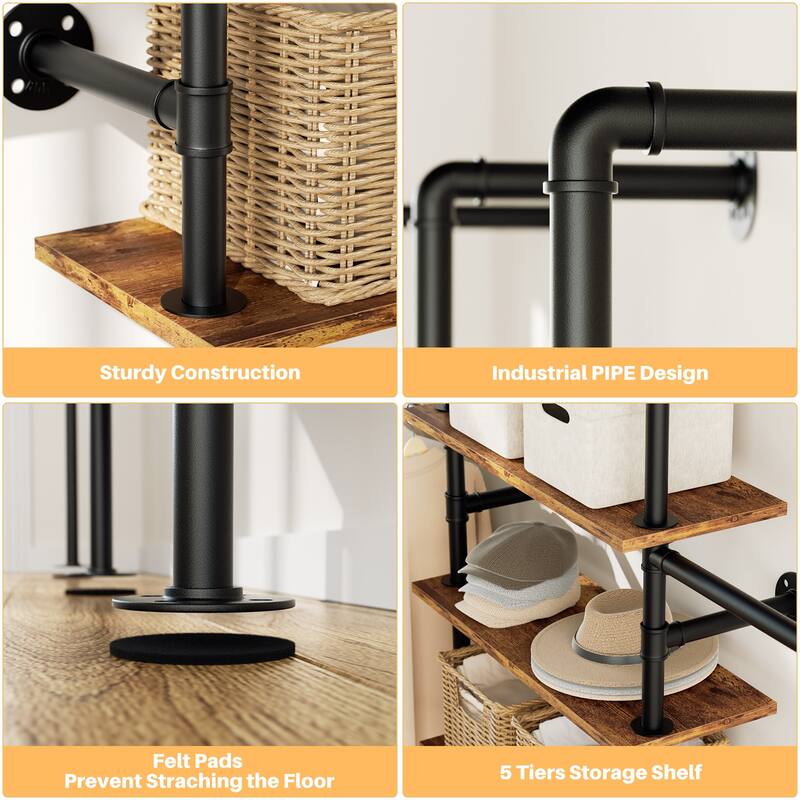 77'' Industrial Pipe Clothing Rack with 5-Tier Shelves, Reversible Closet Organizer System Garment Racks for Hanging Clothes