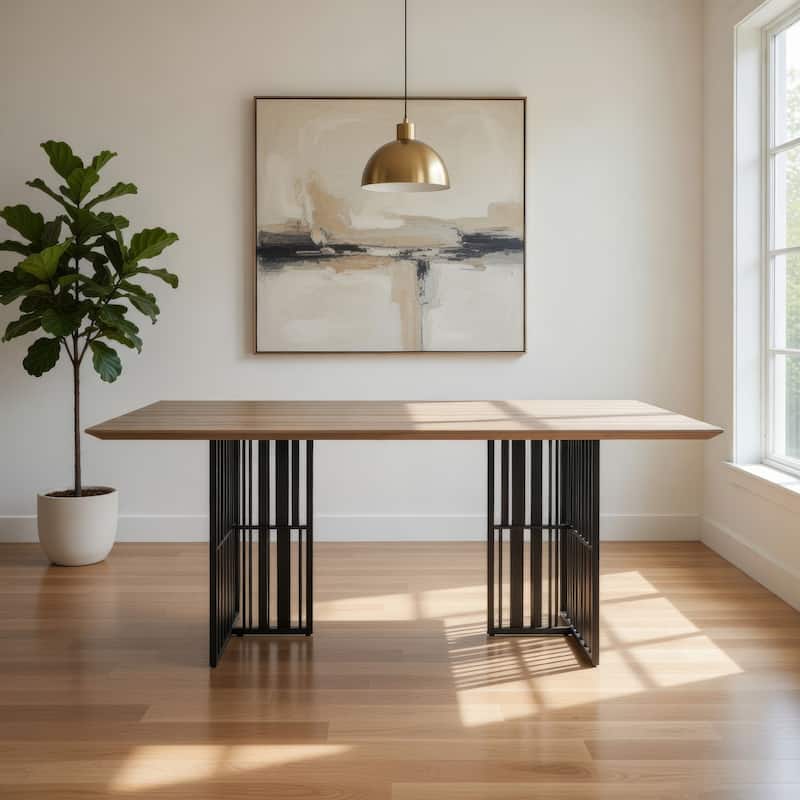 Nori 72 Inch Dining Table, Distressed Brown Top, Black Metal Slatted Base