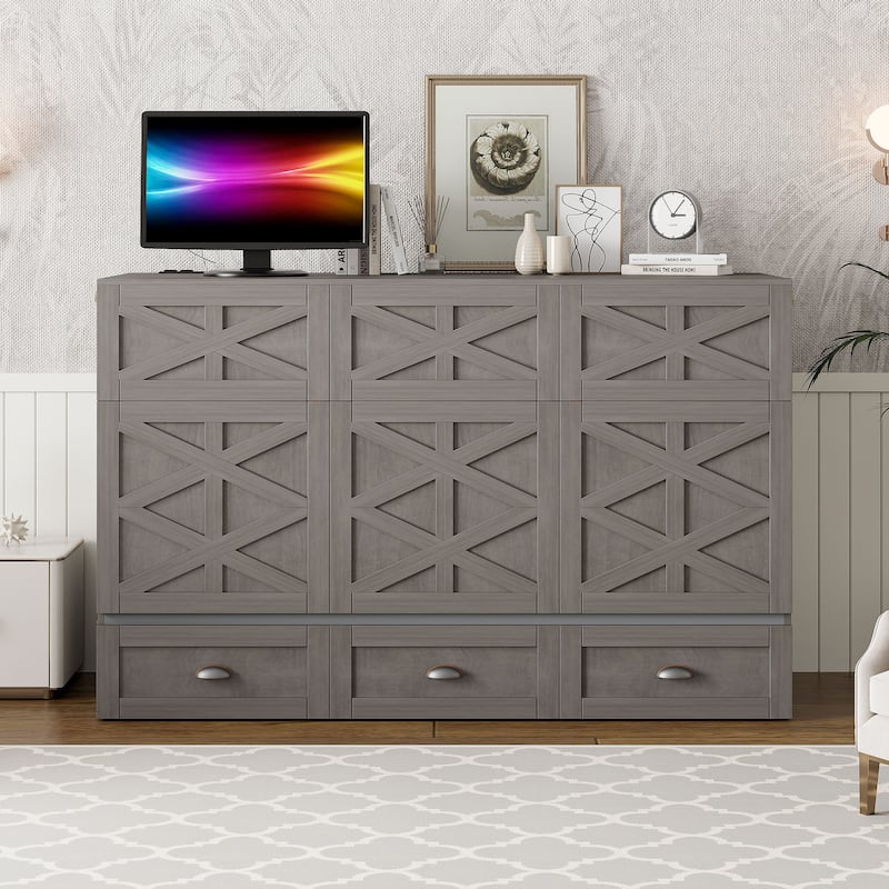 Queen Size Murphy Bed with Large Drawers - Brushed Gray Finish