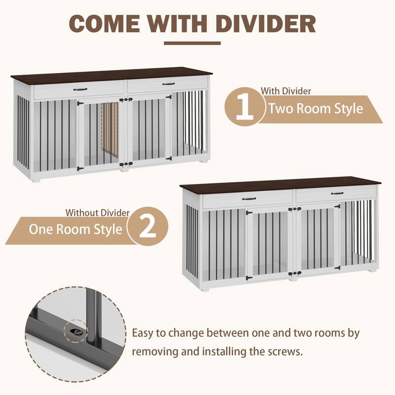 Modern Wooden Dog Crate Furniture with 2 Drawers, White and Brown