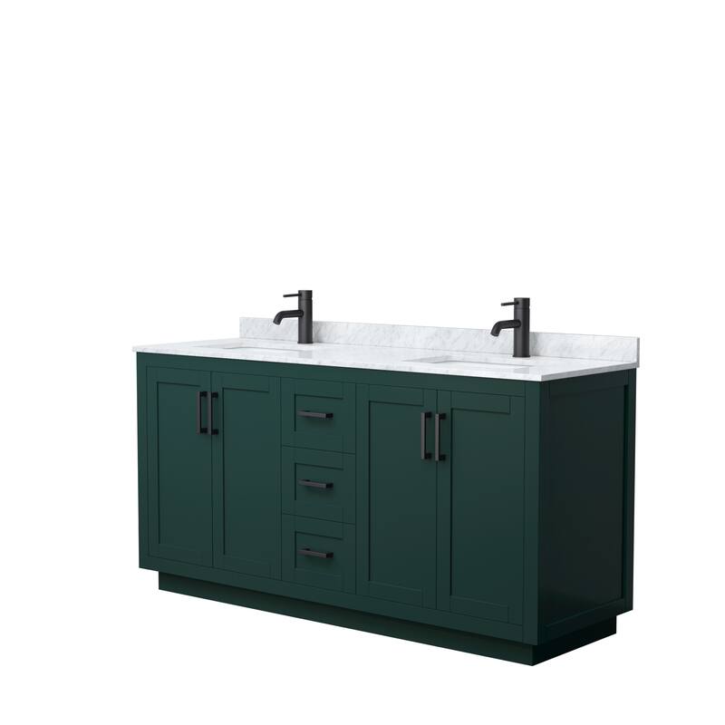 Miranda Double Vanity Set, White Carrara Marble Top, No Mirror - 66-Inch Double - Green, Black Trim, White Carrara Marble Top