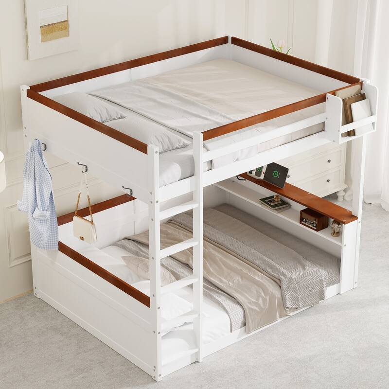 Queen Size Pinewood Bunk Bed with Built-in Shelves, Storage Box, LED Lights and USB Charging Station