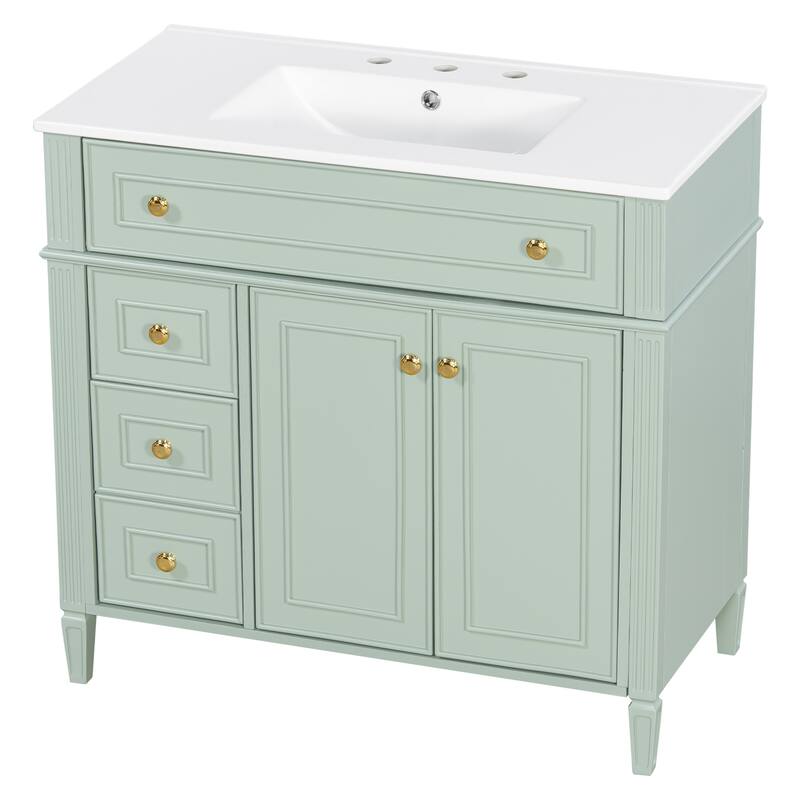 Modern 36 Inch Bathroom Vanity with Ceramic Sink, Solid Wood Frame Bathroom Storage Cabinet with Drawers and Gold Handles