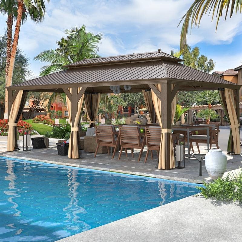 Outdoor Hardtop Gazebo with Galvanized Steel Double Roof & Aluminum Frame, Outdoor pergola with Premium Curtains and Nettings
