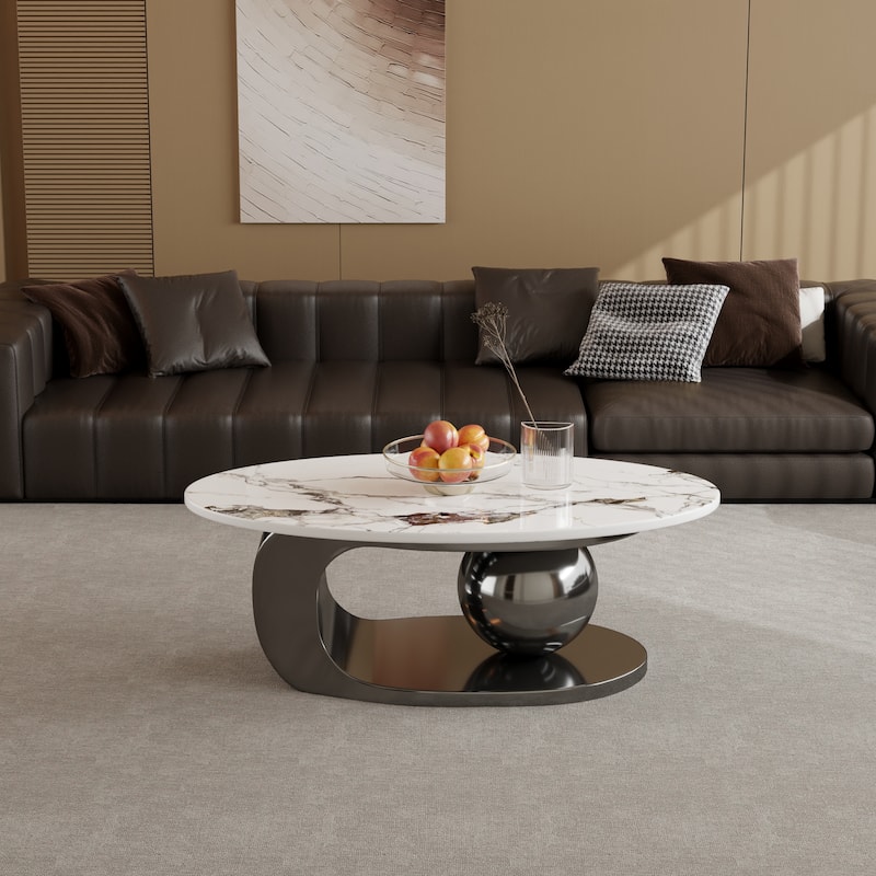 51" Modern Pandora Oval Coffee Table with Glossy Sintered stone top, Luxury Coffee Table, Stainless Steel Legs for Livingroom