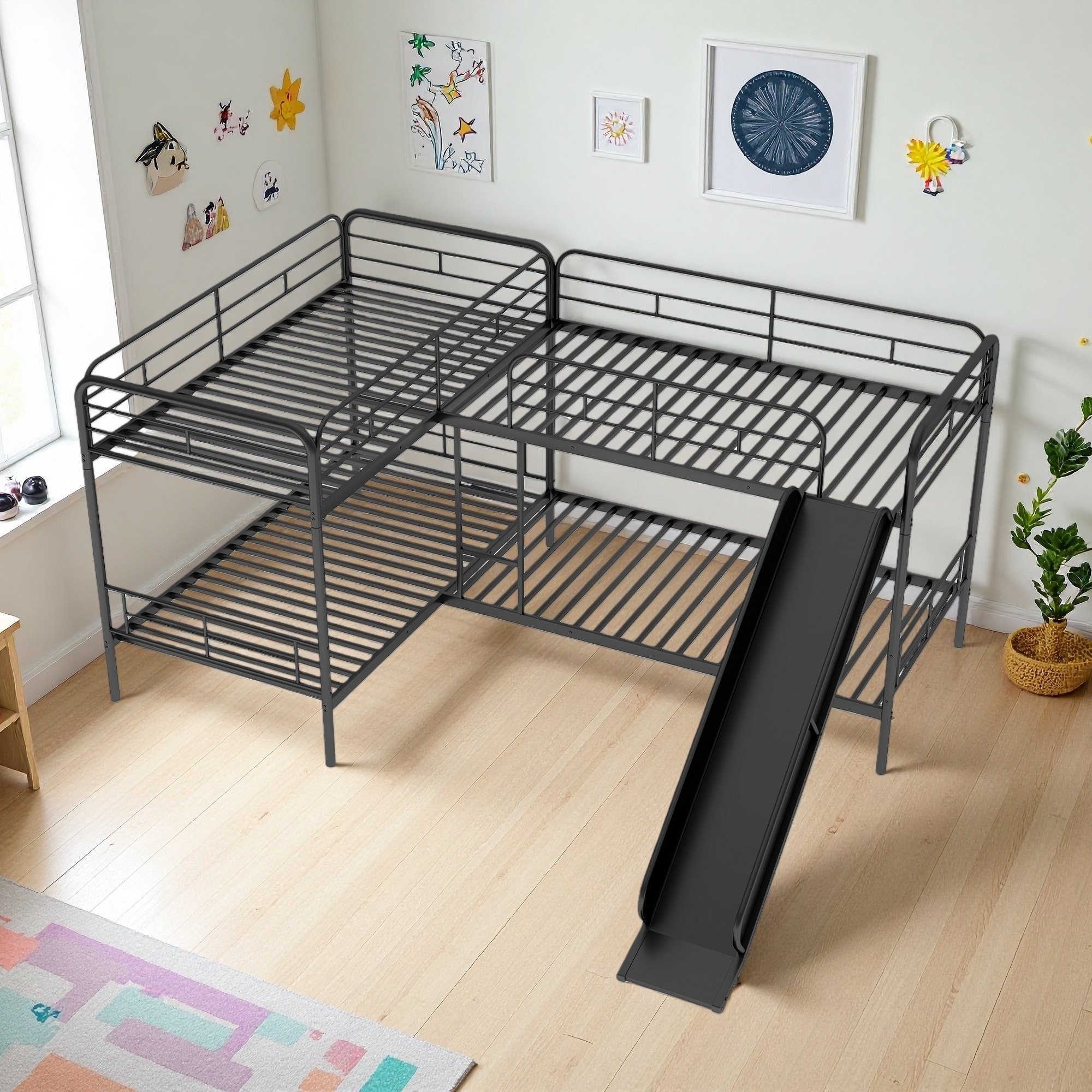 Twin Metal L-Shaped Bunk Bed with Slide & Ladder