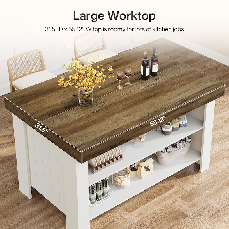 55" Two-Tone Farmhouse Kitchen Island with Storage Shelves