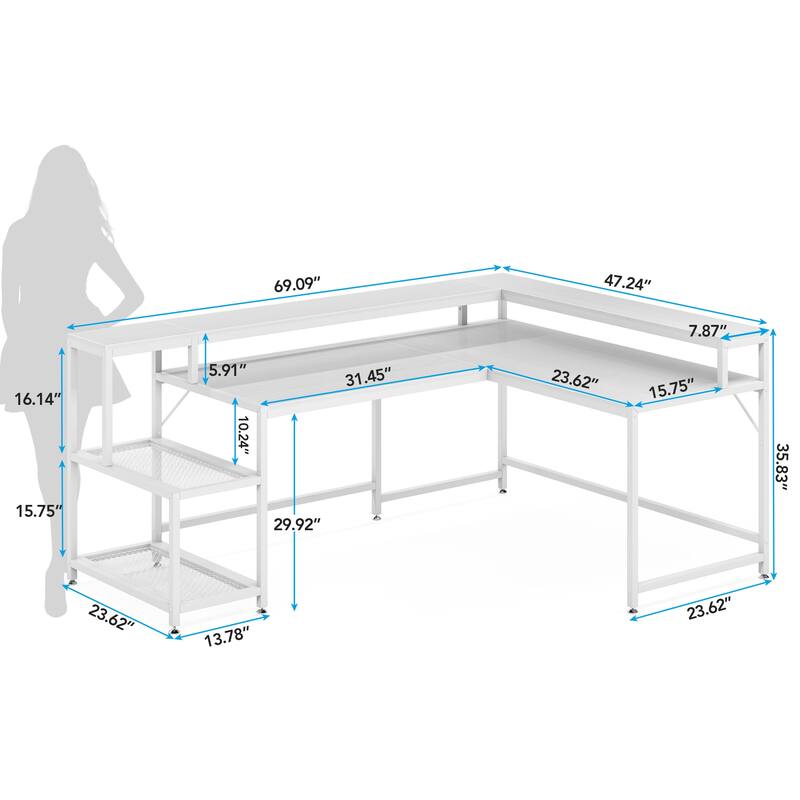 69" L Shaped Desk with Monitor Shelf, Reversible Corner Computer Desk for Office Home
