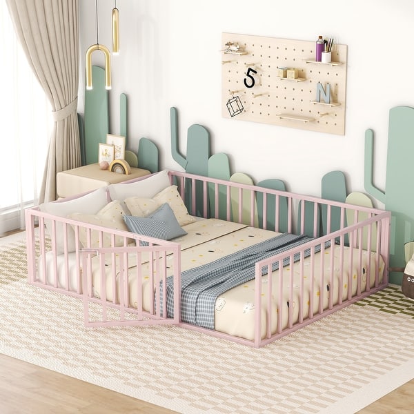 slide 2 of 10, Pink Queen Size Metal Floor Bed Frame with Fence and Door for Kids, Boys and Girls, Bedroom Queen - Pink