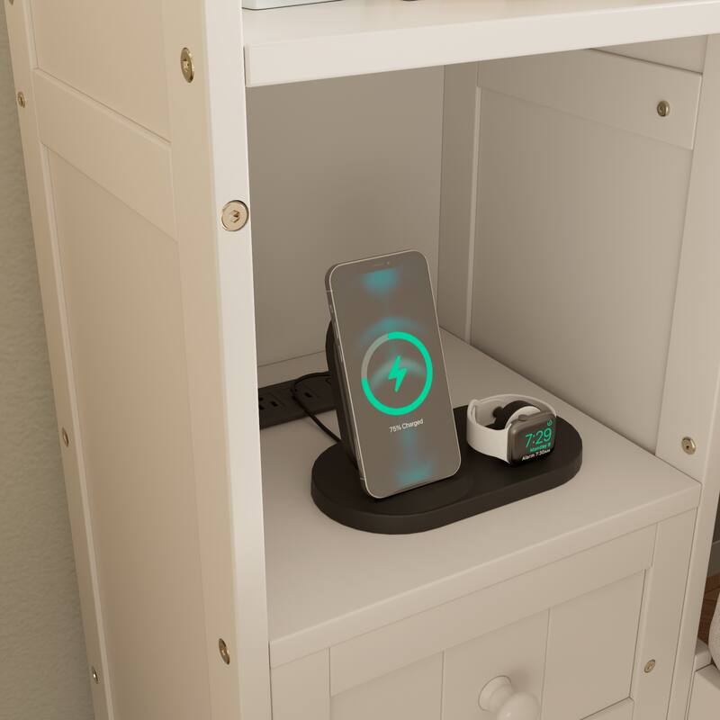 Queen Size Pine Wood Platform Bed with Nightstands, Storage, and Charging Stations