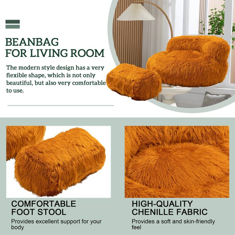 Plush Upholstered Round Comfort Lounger Bean Bag Chair with Ottoman