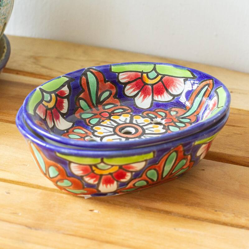 Novica Handmade Blue Bouquet Ceramic Soap Dish