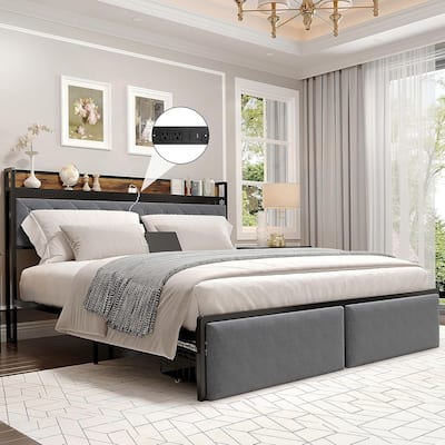 Metal Platform Bed with Storage Headboard, 2 Drawers, LED Light & Charging Station, No Box Spring Needed