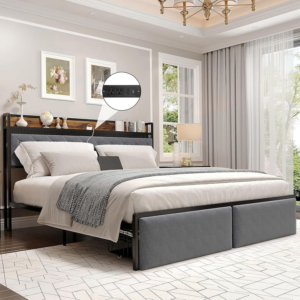 Metal Platform Bed with Storage Headboard, 2 Drawers, LED Light & Charging Station, No Box Spring Needed
