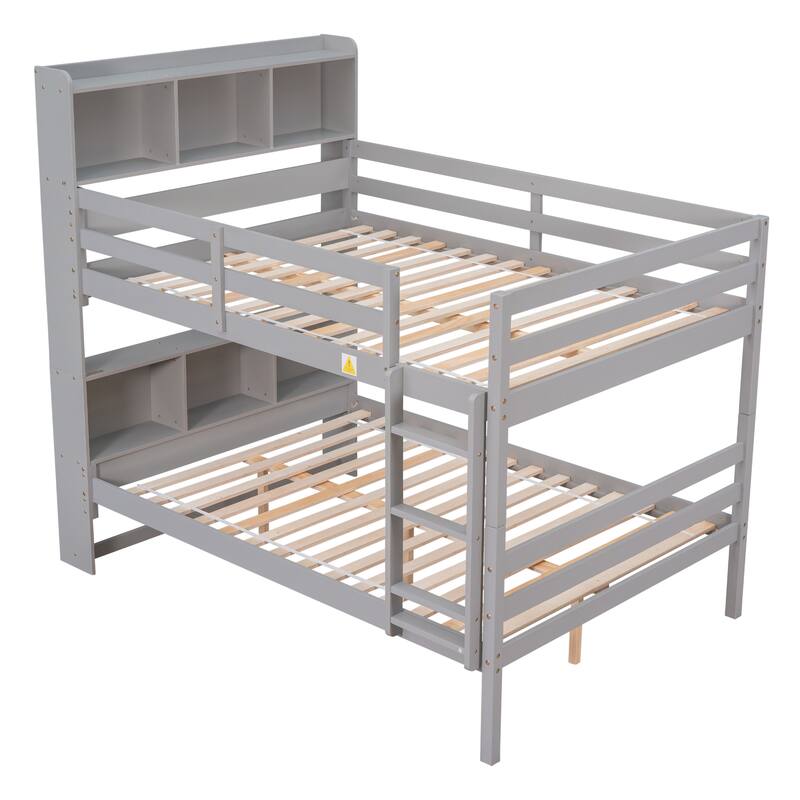 Grey Full Over Full Bunk Bed with Bookcase Headboard, Converts to Two