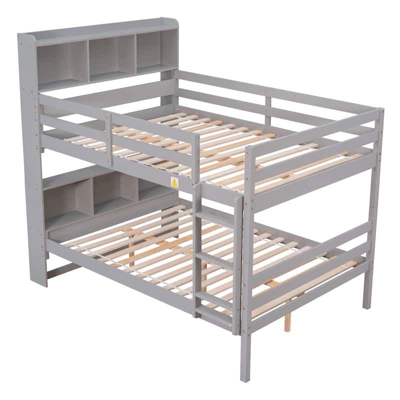 Full Over Full Bunk Beds with Bookcase Headboard Solid Wood Frame, Safety Rail, Detachable