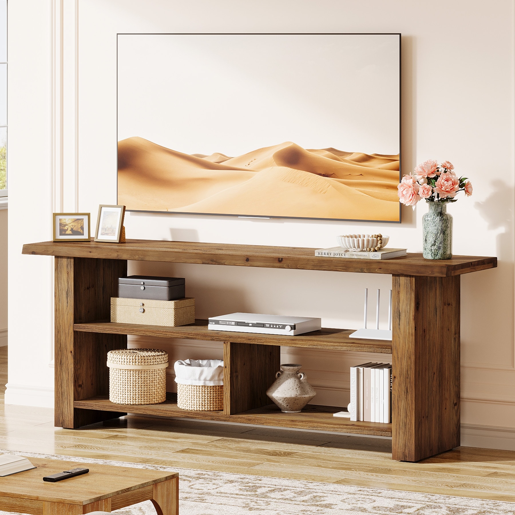 Solid Wood TV Stand for 55/60/65/70/75-Inch TVs, 63" Farmhouse Entertainment Center - 15.75" D x 62.99" W x 27.6" H