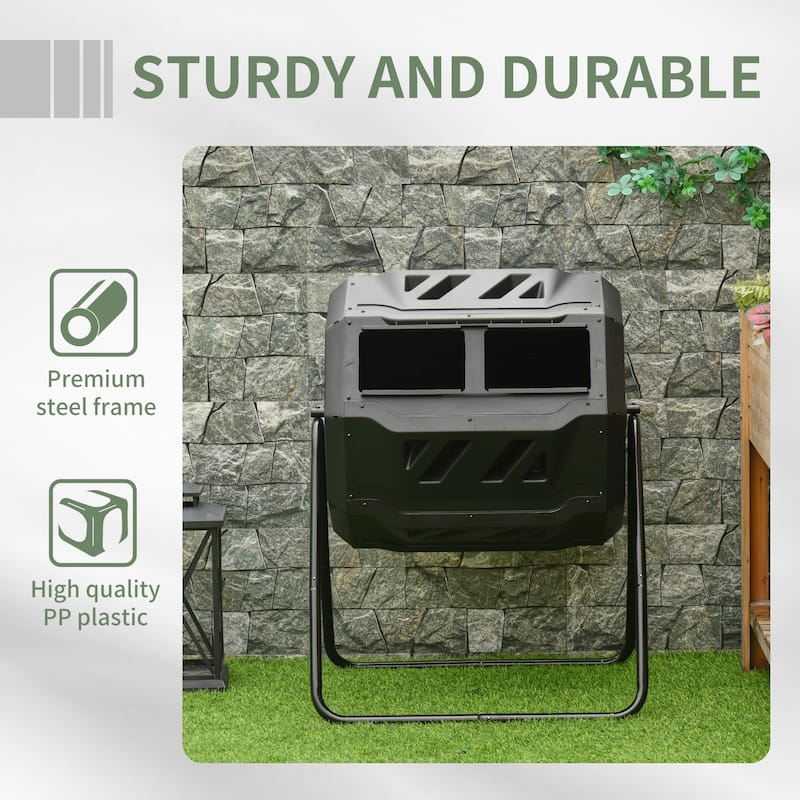 Outsunny Tumbling Compost Bin Outdoor Dual Chamber 360-deg Rotating Composter 43 Gallon w/ Sliding Doors & Solid Steel Frame