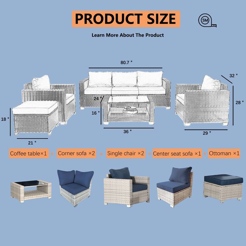 7-Piece Wicker Outdoor Sectional Set with Cushions and Table