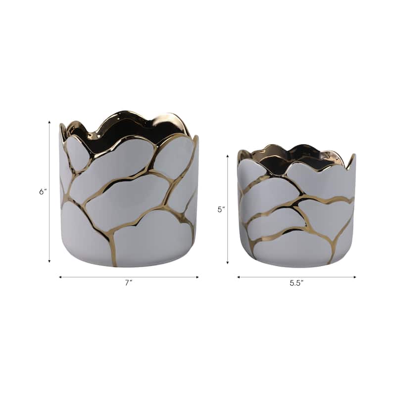 Ceramic Planters Wavy Rim Embossed Metallic Detailing (Set of 2)