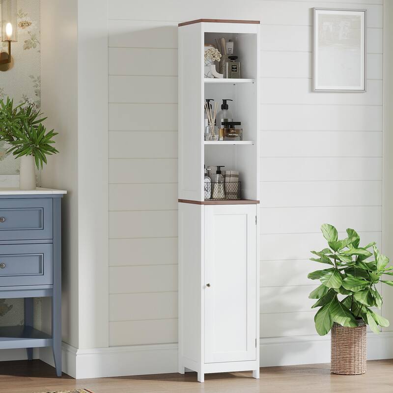 Tall Bathroom Storage Cabinet with Reversible Door, Freestanding Linen Tower with Open Shelves and Enclosed Cabinet