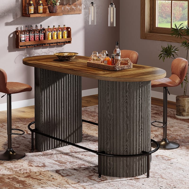 Modern Industrial Oval Bar Table, Counter Height Pub Dining Table with Footrest