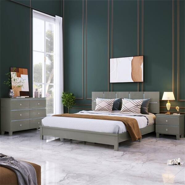 3-Piece Champagne Silver Bedroom Sets with PlatformBed + Nightstand +Dresser - Bed Bath & Beyond