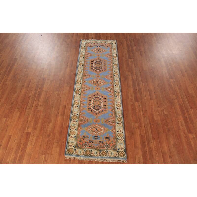 Blue Geometric Viss Indian Runner Rug Handmade Wool Carpet - 2'6"x 7'11"