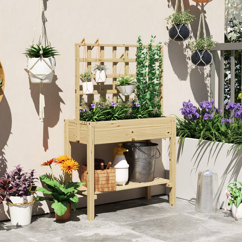Outsunny Wooden Raised Garden Bed with Trellis, Elevated Planter Box with Storage Shelf, Outdoor Flower Box - Natural Wood