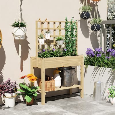 Outsunny Wooden Raised Garden Bed with Trellis, Elevated Planter Box with Storage Shelf, Outdoor Flower Box