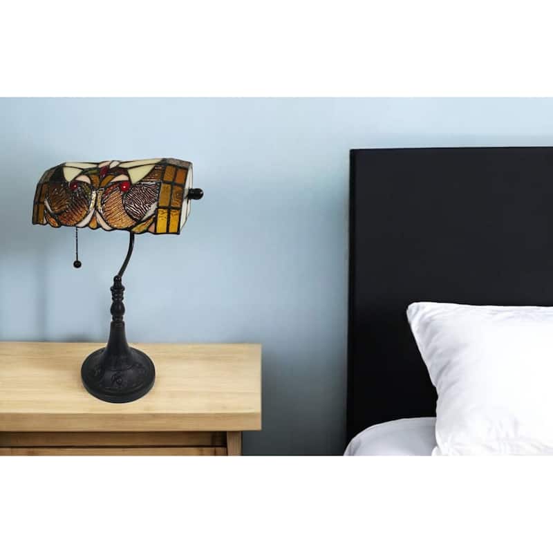 Dark Brown Resin Table Lamp with Gold Dome-Stained Glass Shade Pull Chain - 11” x 13” x 19” (D x W x H)