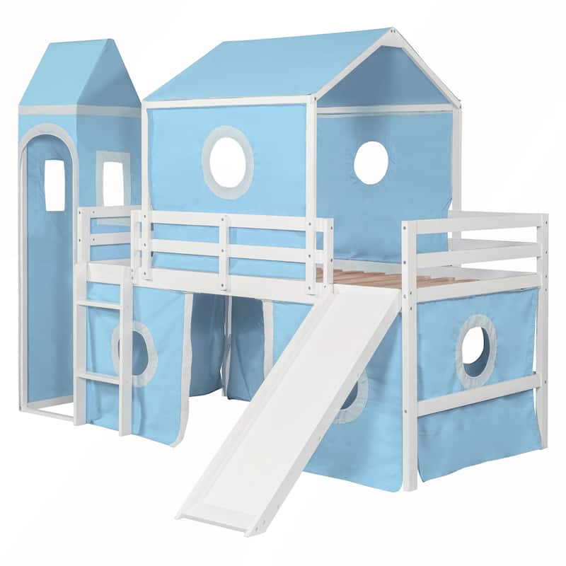 Twin Size Loft Bed with Slide Tent and Tower