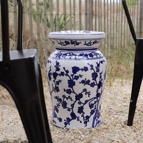ClayBarn Blue Garden Porcelain 18" White Cherry Blossom Podium Stool