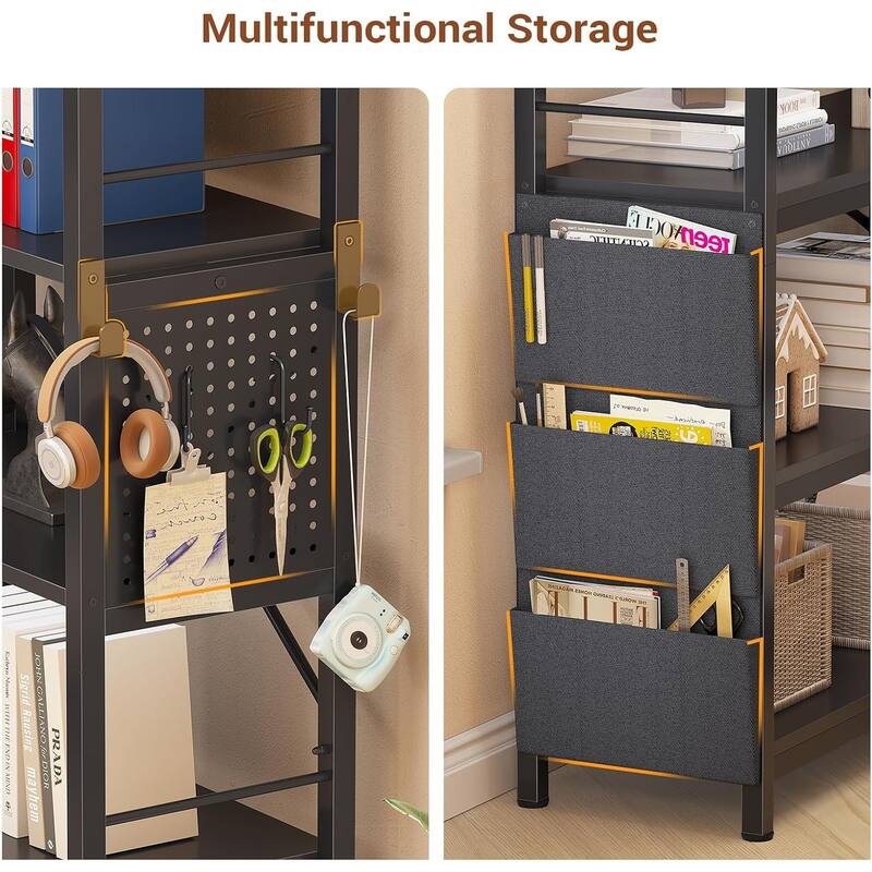 LED 5 Tier Bookshelf 55 inch Wide Bookcase Pegboard Storage Bag