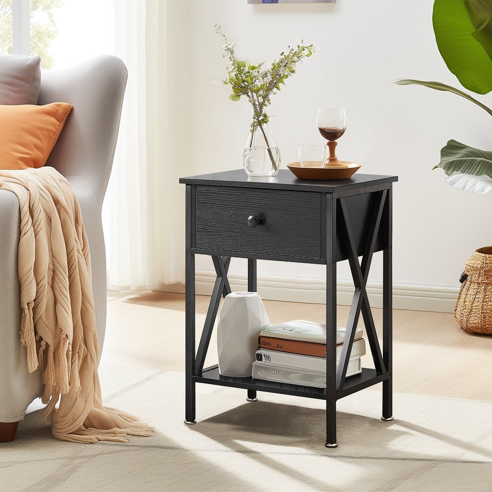 Mid Century Modern End Table with Storage Shelf X-Shaped Sofa End Table with Handle Drawer Felt Padded Legs