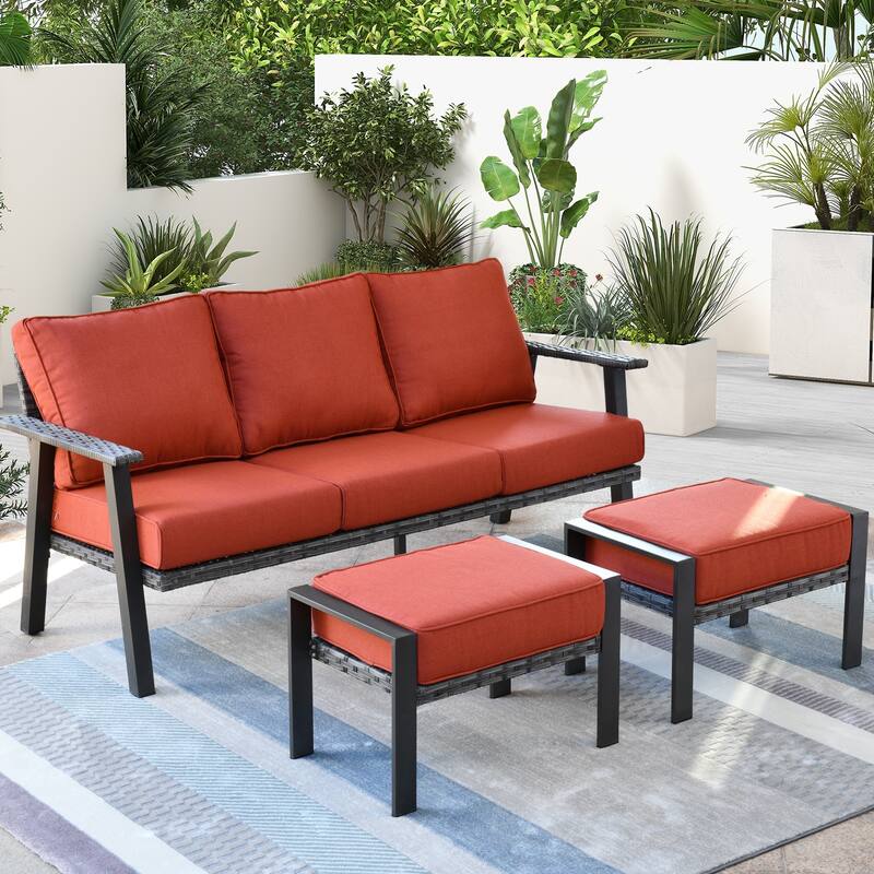 OVIOS Outdoor 3-piece Wicker Sectional Sofa Set With Ottoman Steel Frame