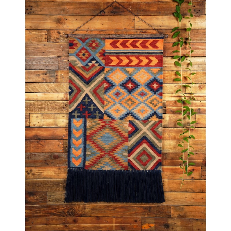 Loominaire Rustic Kilim Wallhanging "Sierra" Hand Woven of Wool & Cotton For Living Room Bed Room Family Room Walls