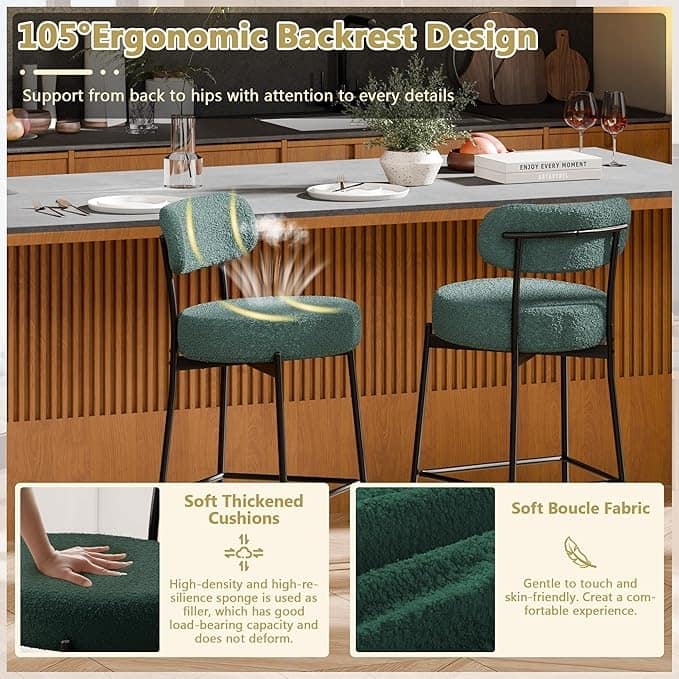 XINMICS 24 Inches Modern Counter Height Bar Stools with Curved Back Metal Legs, Upholstered Boucle Barstools, Set of 2/3/4