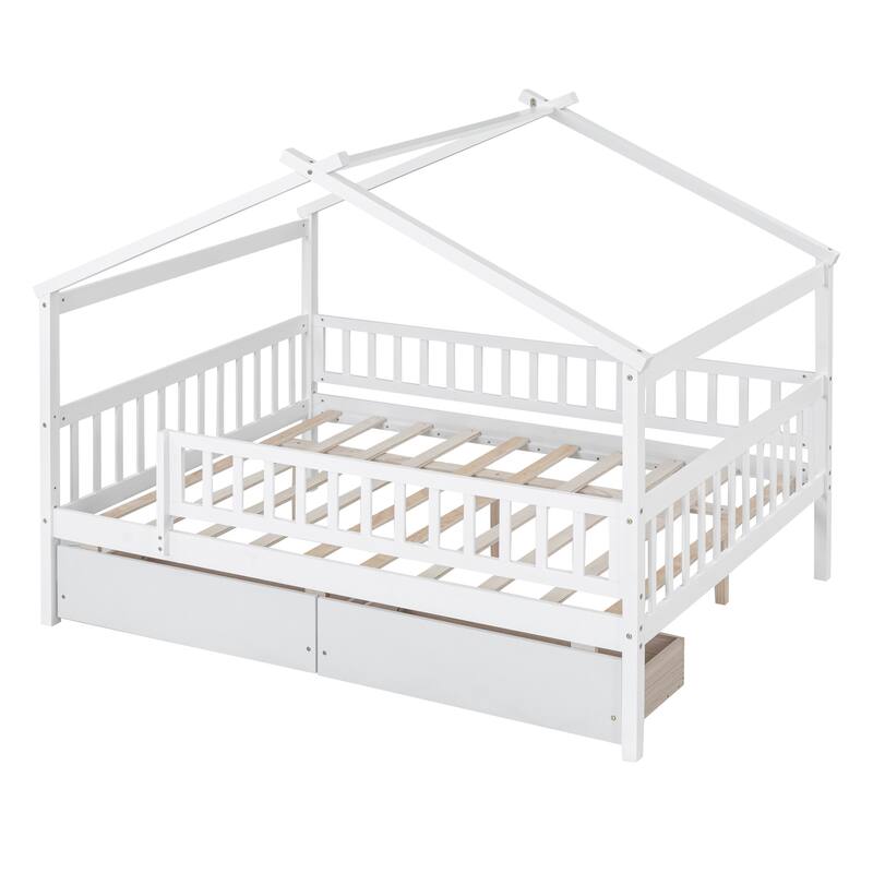 Full Size Wooden House Bed with Two Drawers and Solid Pine Frame