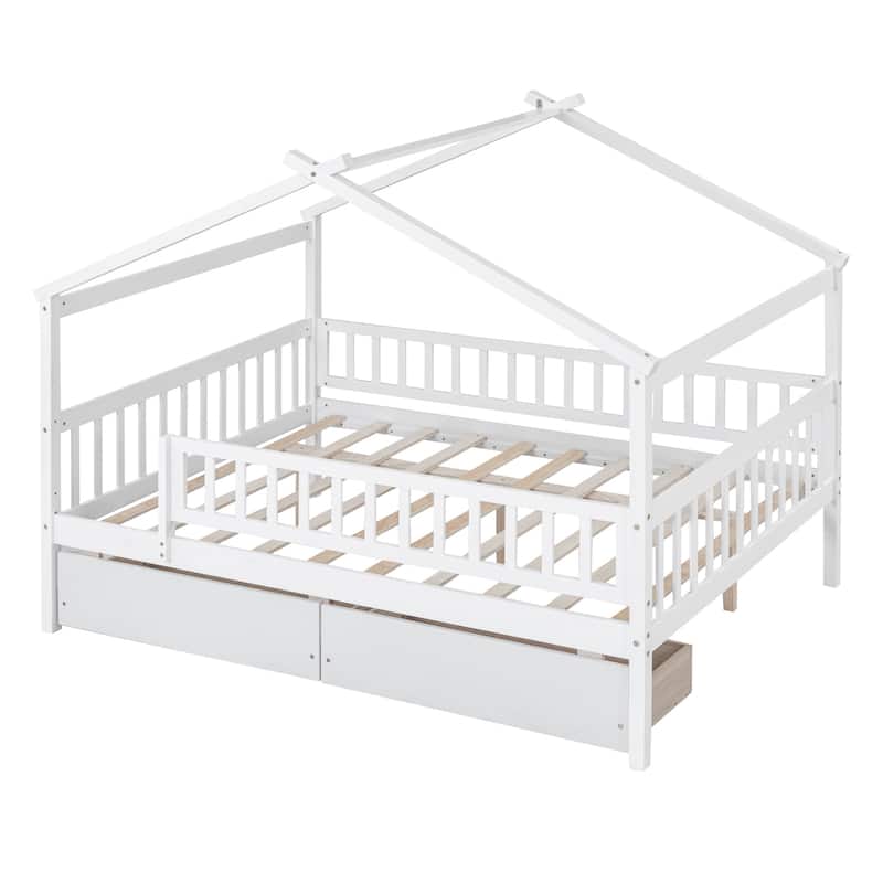 Wooden House Bed with Two Drawers