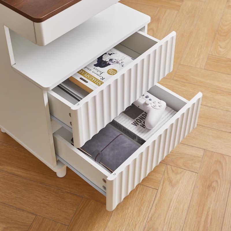 Modern Bedside Table with Gun Drawer,Bedside Table with Charging Station, 2 Drawers and Open Shelf,Side Table for Bedroom