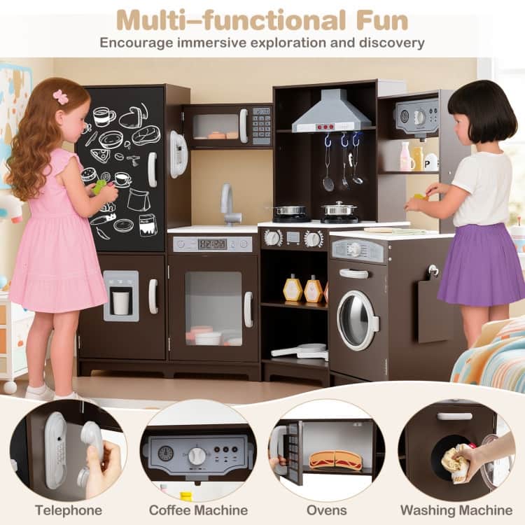 MDF Kids Corner Play Kitchen with Lights, Sounds and Ice Maker - 52" × 18.5" × 36"